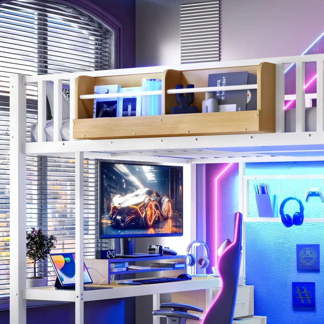 Alt view image 7 of 7 - Full Size Loft Bed with Desk, Heavy Duty Save Space Loft Bed with Drawers and Storage Stair All In-One Metal Frame