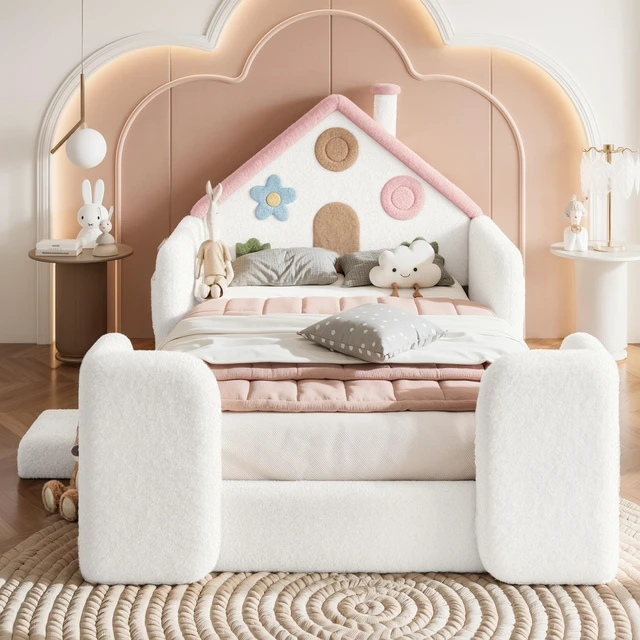Alt view image 2 of 7 - Twin Shaped Upholstered Floor Bed, Upholstered Kids Bed with Safety Side Rails Solid Children Frame Low Floor Playhouse