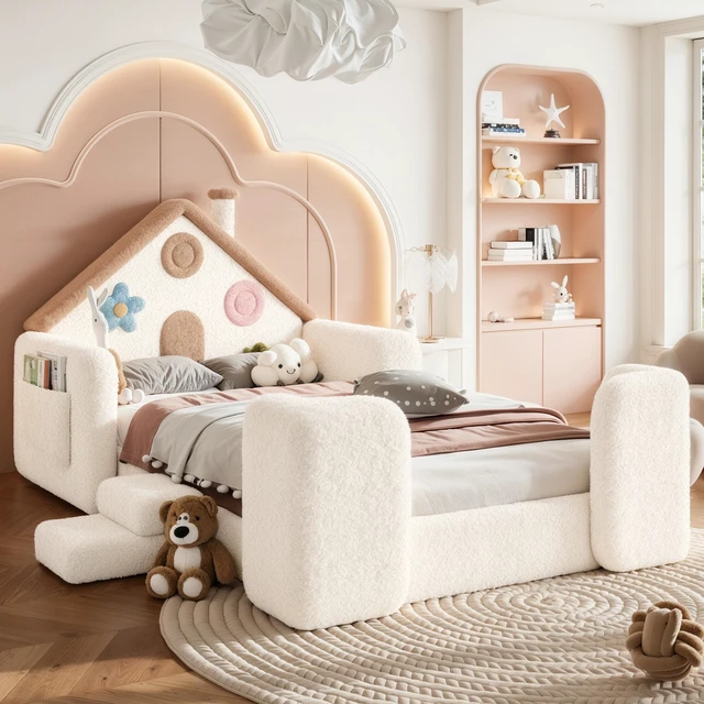 Main image of Twin Shaped Upholstered Floor Bed, Upholstered Kids Bed with Safety Side Rails Solid Children Frame Low Floor Playhouse