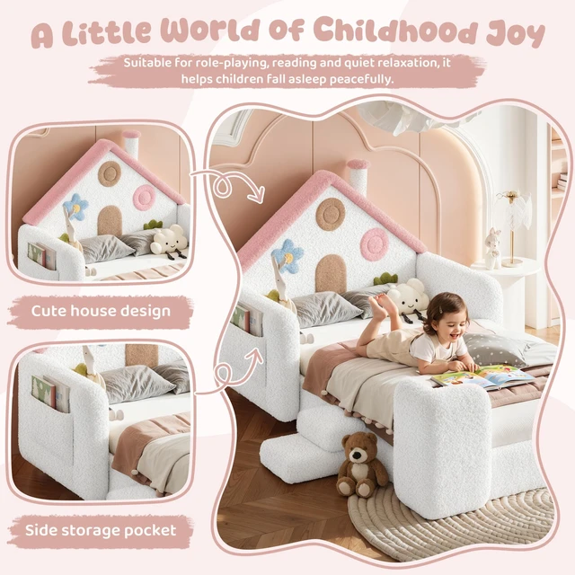 Alt view image 5 of 7 - Twin Shaped Upholstered Floor Bed, Upholstered Kids Bed with Safety Side Rails Solid Children Frame Low Floor Playhouse