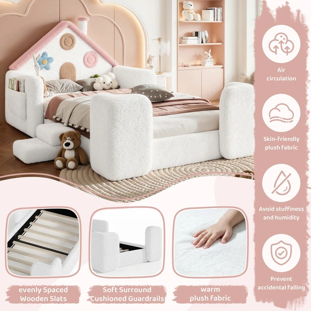 Alt view image 6 of 7 - Twin Shaped Upholstered Floor Bed, Upholstered Kids Bed with Safety Side Rails Solid Children Frame Low Floor Playhouse
