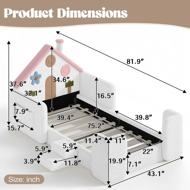 Alt view image 4 of 7 - Twin Shaped Upholstered Floor Bed, Upholstered Kids Bed with Safety Side Rails Solid Children Frame Low Floor Playhouse
