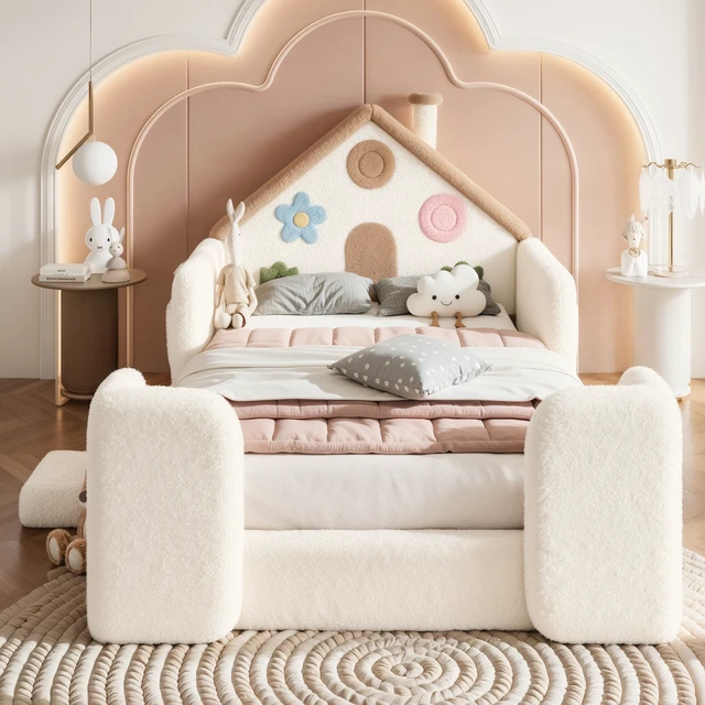 Alt view image 2 of 7 - Twin Shaped Upholstered Floor Bed, Upholstered Kids Bed with Safety Side Rails Solid Children Frame Low Floor Playhouse