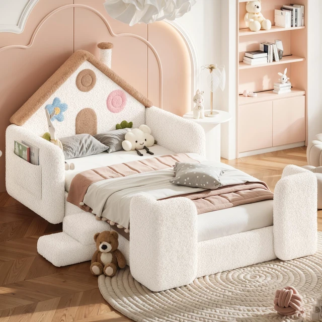 Alt view image 3 of 7 - Twin Shaped Upholstered Floor Bed, Upholstered Kids Bed with Safety Side Rails Solid Children Frame Low Floor Playhouse