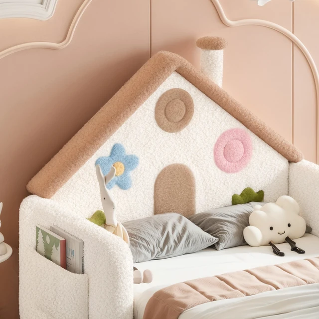 Alt view image 7 of 7 - Twin Shaped Upholstered Floor Bed, Upholstered Kids Bed with Safety Side Rails Solid Children Frame Low Floor Playhouse