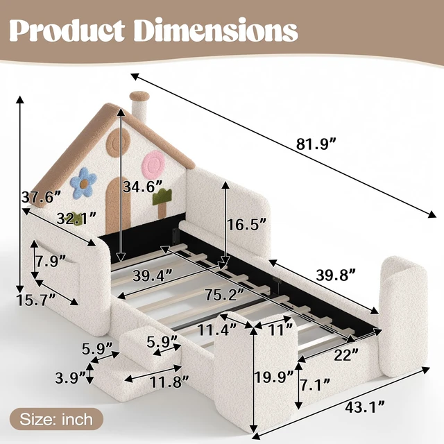 Alt view image 4 of 7 - Twin Shaped Upholstered Floor Bed, Upholstered Kids Bed with Safety Side Rails Solid Children Frame Low Floor Playhouse