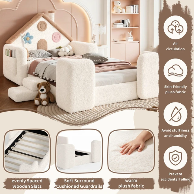Alt view image 6 of 7 - Twin Shaped Upholstered Floor Bed, Upholstered Kids Bed with Safety Side Rails Solid Children Frame Low Floor Playhouse