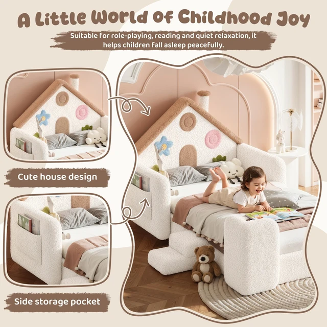 Alt view image 5 of 7 - Twin Shaped Upholstered Floor Bed, Upholstered Kids Bed with Safety Side Rails Solid Children Frame Low Floor Playhouse