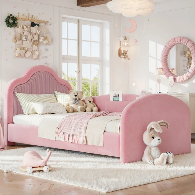 Alt view image 2 of 7 - Twin Curved Headboard Upholstered Floor Bed, Upholstered Kids Bed with Safety Side Rails and Storage Pocket Low Floor
