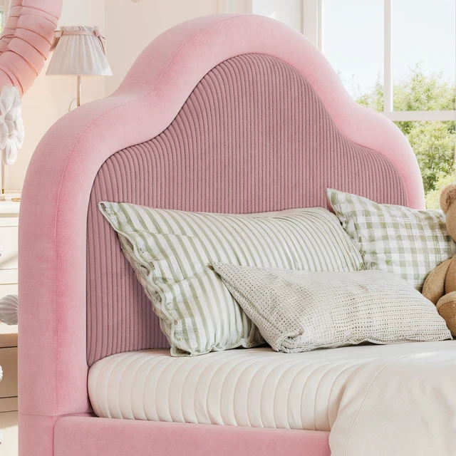 Alt view image 5 of 7 - Twin Curved Headboard Upholstered Floor Bed, Upholstered Kids Bed with Safety Side Rails and Storage Pocket Low Floor