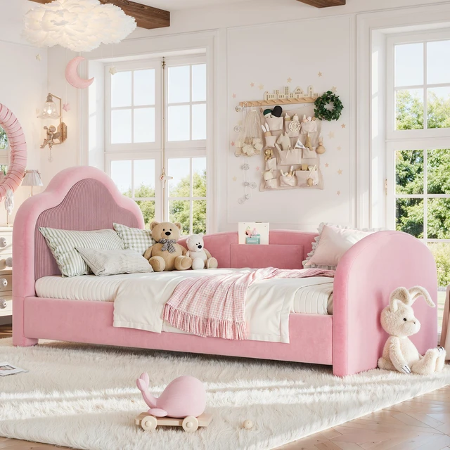 Alt view image 3 of 7 - Twin Curved Headboard Upholstered Floor Bed, Upholstered Kids Bed with Safety Side Rails and Storage Pocket Low Floor