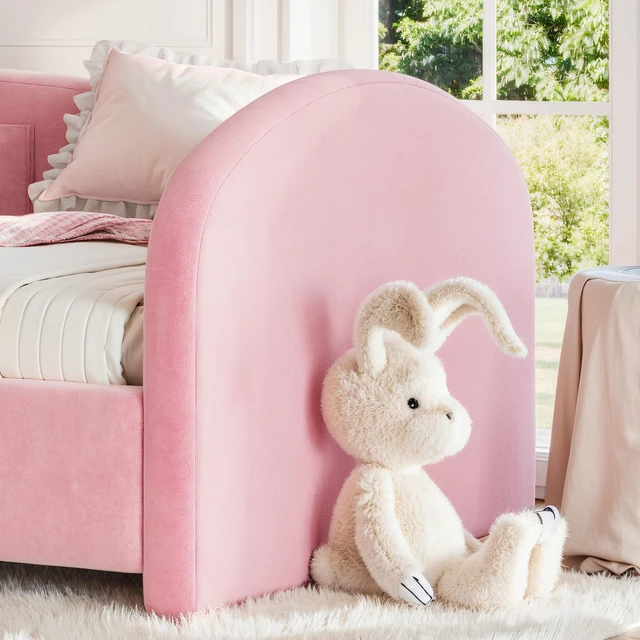 Alt view image 6 of 7 - Twin Curved Headboard Upholstered Floor Bed, Upholstered Kids Bed with Safety Side Rails and Storage Pocket Low Floor