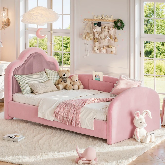 Main image of Twin Curved Headboard Upholstered Floor Bed, Upholstered Kids Bed with Safety Side Rails and Storage Pocket Low Floor