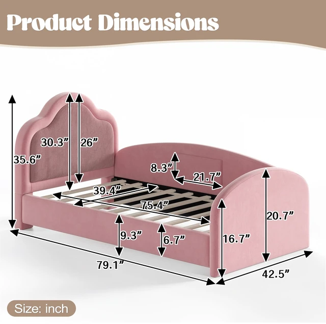Alt view image 4 of 7 - Twin Curved Headboard Upholstered Floor Bed, Upholstered Kids Bed with Safety Side Rails and Storage Pocket Low Floor