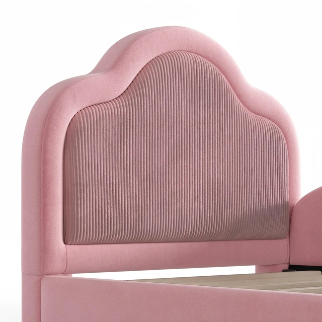 Alt view image 7 of 7 - Twin Curved Headboard Upholstered Floor Bed, Upholstered Kids Bed with Safety Side Rails and Storage Pocket Low Floor