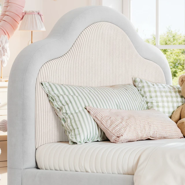 Alt view image 5 of 7 - Twin Curved Headboard Upholstered Floor Bed, Upholstered Kids Bed with Safety Side Rails and Storage Pocket Low Floor