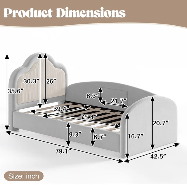 Alt view image 4 of 7 - Twin Curved Headboard Upholstered Floor Bed, Upholstered Kids Bed with Safety Side Rails and Storage Pocket Low Floor