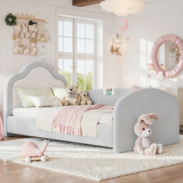 Alt view image 2 of 7 - Twin Curved Headboard Upholstered Floor Bed, Upholstered Kids Bed with Safety Side Rails and Storage Pocket Low Floor