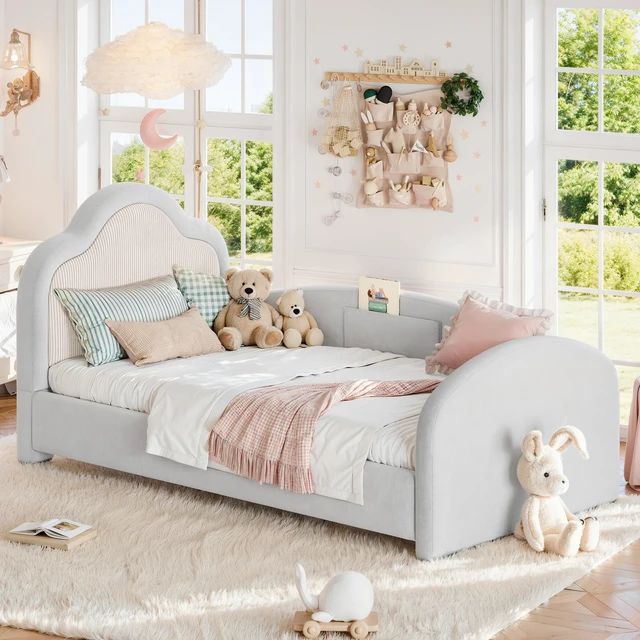 Main image of Twin Curved Headboard Upholstered Floor Bed, Upholstered Kids Bed with Safety Side Rails and Storage Pocket Low Floor