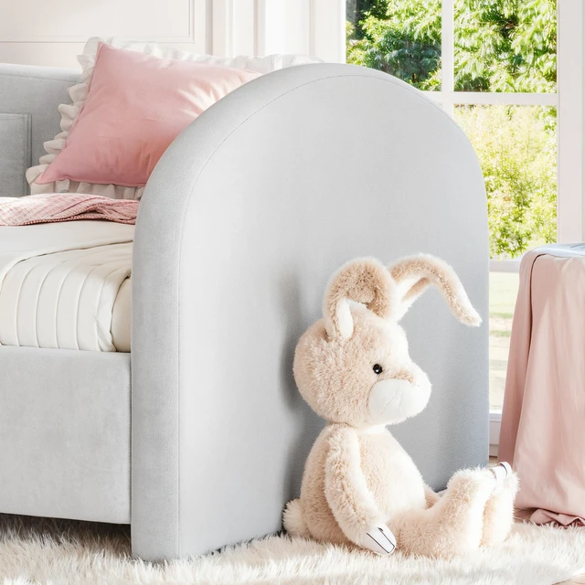 Alt view image 6 of 7 - Twin Curved Headboard Upholstered Floor Bed, Upholstered Kids Bed with Safety Side Rails and Storage Pocket Low Floor