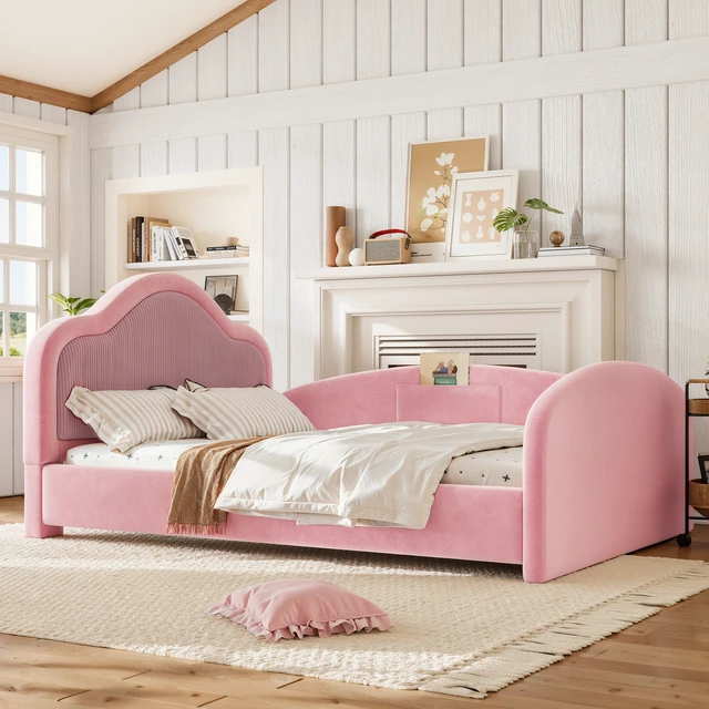 Alt view image 2 of 7 - Full Curved Headboard Upholstered Floor Bed, Upholstered Kids Bed with Safety Side Rails and Storage Pocket Low Floor