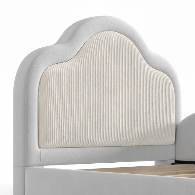Alt view image 7 of 7 - Twin Curved Headboard Upholstered Floor Bed, Upholstered Kids Bed with Safety Side Rails and Storage Pocket Low Floor