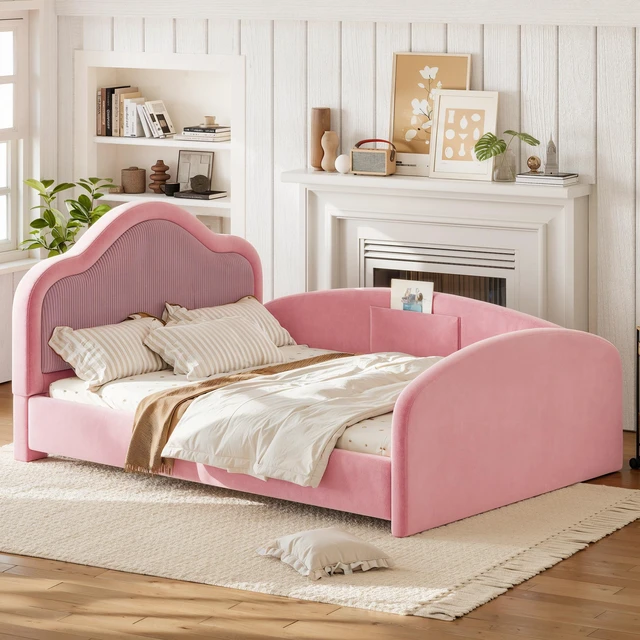 Main image of Full Curved Headboard Upholstered Floor Bed, Upholstered Kids Bed with Safety Side Rails and Storage Pocket Low Floor