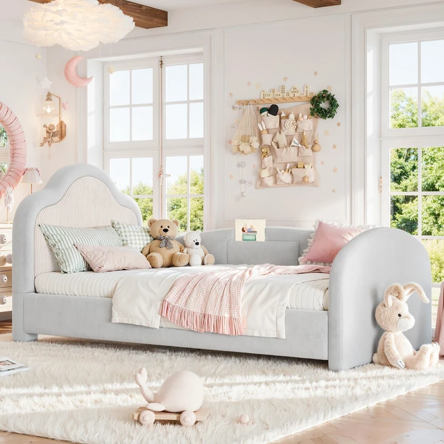 Alt view image 3 of 7 - Twin Curved Headboard Upholstered Floor Bed, Upholstered Kids Bed with Safety Side Rails and Storage Pocket Low Floor