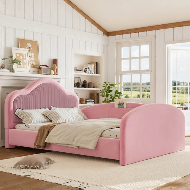 Alt view image 3 of 7 - Full Curved Headboard Upholstered Floor Bed, Upholstered Kids Bed with Safety Side Rails and Storage Pocket Low Floor