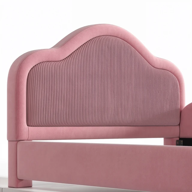 Alt view image 7 of 7 - Full Curved Headboard Upholstered Floor Bed, Upholstered Kids Bed with Safety Side Rails and Storage Pocket Low Floor
