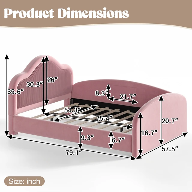 Alt view image 4 of 7 - Full Curved Headboard Upholstered Floor Bed, Upholstered Kids Bed with Safety Side Rails and Storage Pocket Low Floor