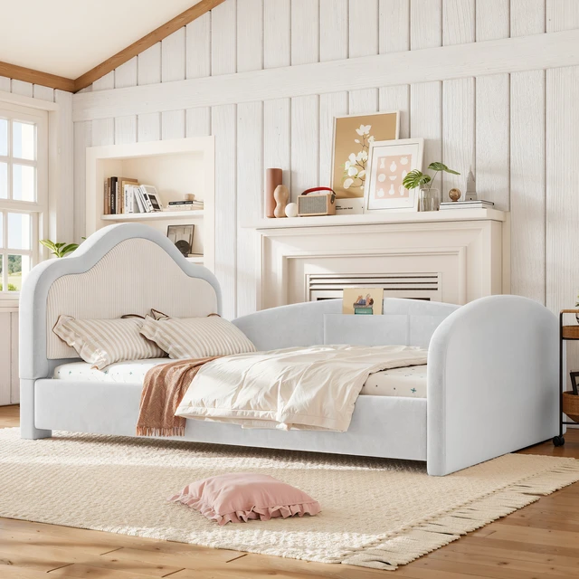 Alt view image 3 of 7 - Full Curved Headboard Upholstered Floor Bed, Upholstered Kids Bed with Safety Side Rails and Storage Pocket Low Floor