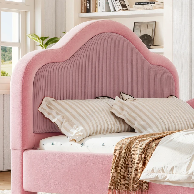 Alt view image 5 of 7 - Full Curved Headboard Upholstered Floor Bed, Upholstered Kids Bed with Safety Side Rails and Storage Pocket Low Floor