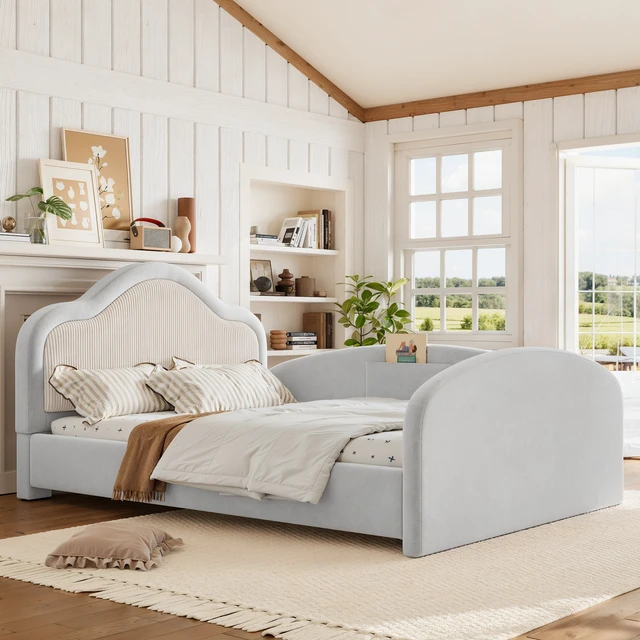 Alt view image 2 of 7 - Full Curved Headboard Upholstered Floor Bed, Upholstered Kids Bed with Safety Side Rails and Storage Pocket Low Floor