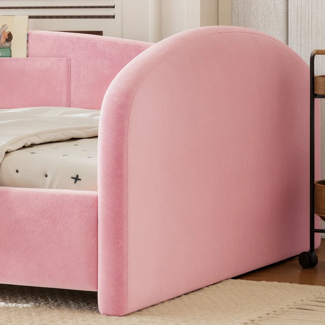 Alt view image 6 of 7 - Full Curved Headboard Upholstered Floor Bed, Upholstered Kids Bed with Safety Side Rails and Storage Pocket Low Floor