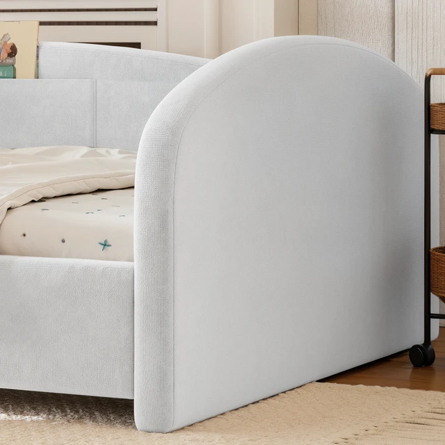 Alt view image 6 of 7 - Full Curved Headboard Upholstered Floor Bed, Upholstered Kids Bed with Safety Side Rails and Storage Pocket Low Floor