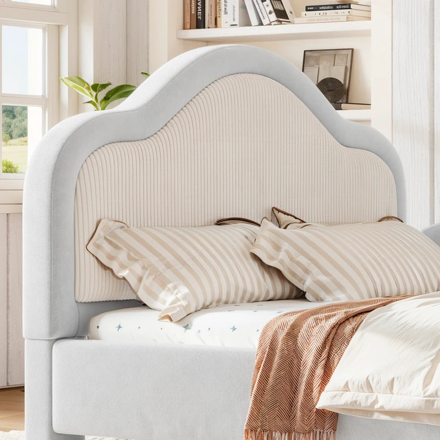 Alt view image 5 of 7 - Full Curved Headboard Upholstered Floor Bed, Upholstered Kids Bed with Safety Side Rails and Storage Pocket Low Floor