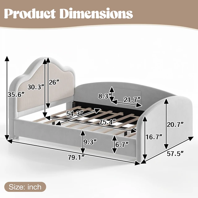 Alt view image 4 of 7 - Full Curved Headboard Upholstered Floor Bed, Upholstered Kids Bed with Safety Side Rails and Storage Pocket Low Floor