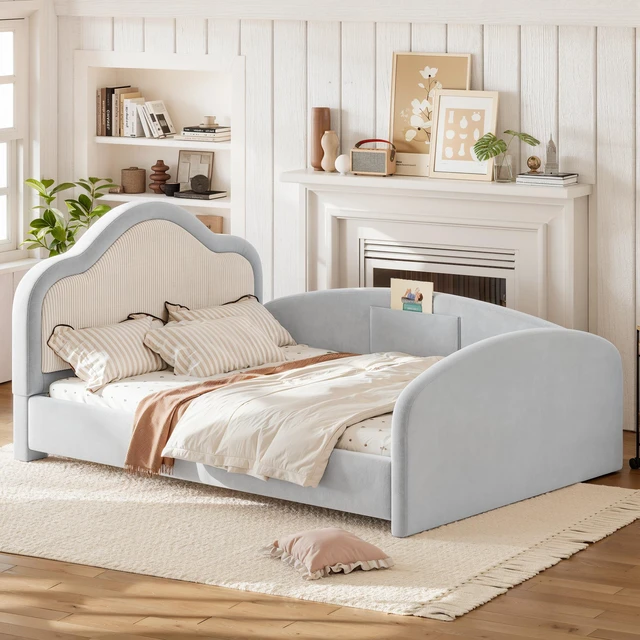Main image of Full Curved Headboard Upholstered Floor Bed, Upholstered Kids Bed with Safety Side Rails and Storage Pocket Low Floor