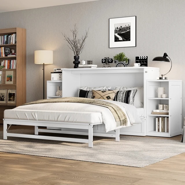 Alt view image 2 of 7 - Queen Size Murphy Bed with Spacious Storage Drawers and Shelves, Guest Compact Bedrooms, White, MDF, Pine and Plywood