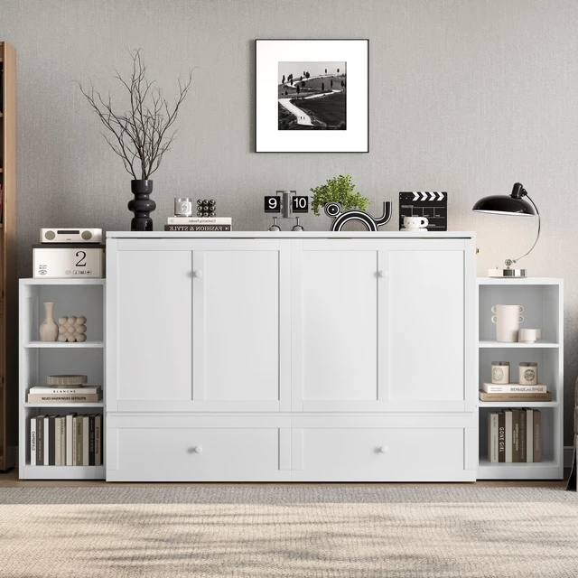 Main image of Queen Size Murphy Bed with Spacious Storage Drawers and Shelves, Guest Compact Bedrooms, White, MDF, Pine and Plywood