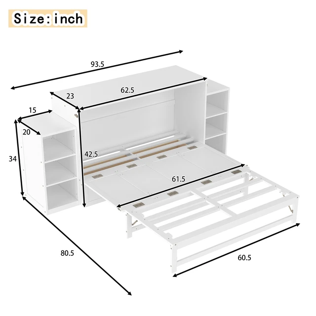 Alt view image 4 of 7 - Queen Size Murphy Bed with Spacious Storage Drawers and Shelves, Guest Compact Bedrooms, White, MDF, Pine and Plywood