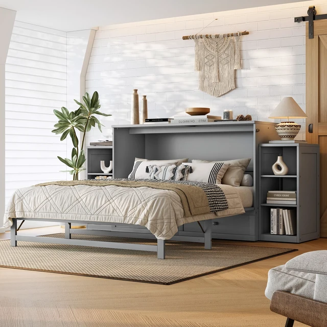 Alt view image 2 of 7 - Queen Size Murphy Bed with Spacious Storage Drawers and Shelves, Guest Compact Bedrooms, Light Gray, MDF, Pine