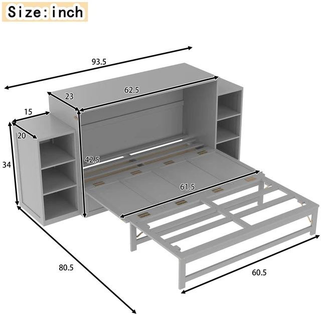 Alt view image 4 of 7 - Queen Size Murphy Bed with Spacious Storage Drawers and Shelves, Guest Compact Bedrooms, Light Gray, MDF, Pine