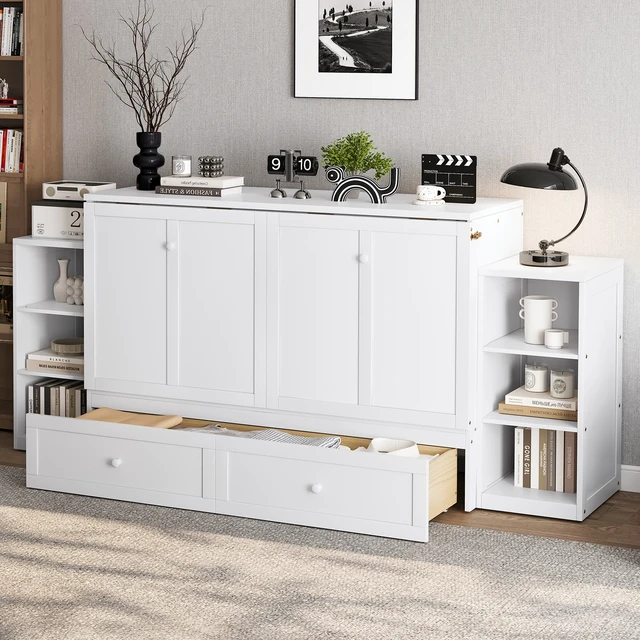 Alt view image 3 of 7 - Queen Size Murphy Bed with Spacious Storage Drawers and Shelves, Guest Compact Bedrooms, White, MDF, Pine and Plywood