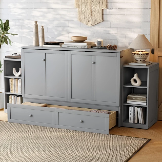 Alt view image 3 of 7 - Queen Size Murphy Bed with Spacious Storage Drawers and Shelves, Guest Compact Bedrooms, Light Gray, MDF, Pine