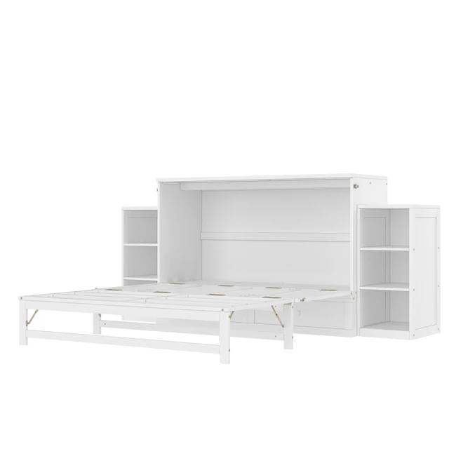 Alt view image 5 of 7 - Queen Size Murphy Bed with Spacious Storage Drawers and Shelves, Guest Compact Bedrooms, White, MDF, Pine and Plywood