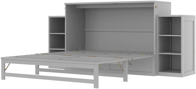 Alt view image 5 of 7 - Queen Size Murphy Bed with Spacious Storage Drawers and Shelves, Guest Compact Bedrooms, Light Gray, MDF, Pine