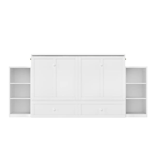 Alt view image 7 of 7 - Queen Size Murphy Bed with Spacious Storage Drawers and Shelves, Guest Compact Bedrooms, White, MDF, Pine and Plywood
