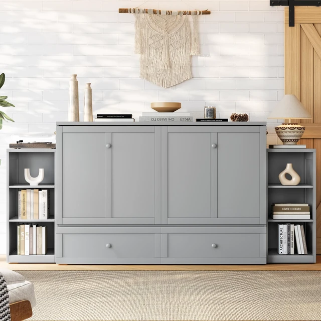 Main image of Queen Size Murphy Bed with Spacious Storage Drawers and Shelves, Guest Compact Bedrooms, Light Gray, MDF, Pine